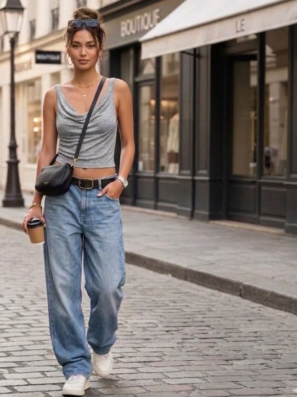 NWT Bobi Los Angeles Heather Grey Ribbed Cowl Neck Crop Top Medium Y2K Vibe Tank